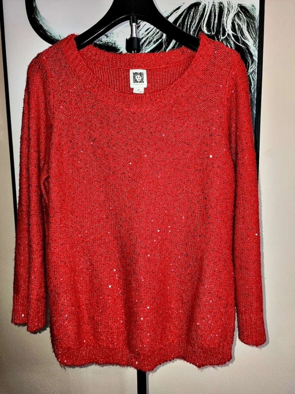 Anne Klein Red Sequin Knit Sweater XL Like New